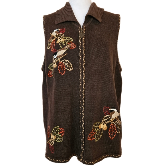 Christopher & Banks Jackets & Blazers - Autumn Leaf Embroidered Knit Vest Women's Large Acorns Birds Cottagecore Grandma